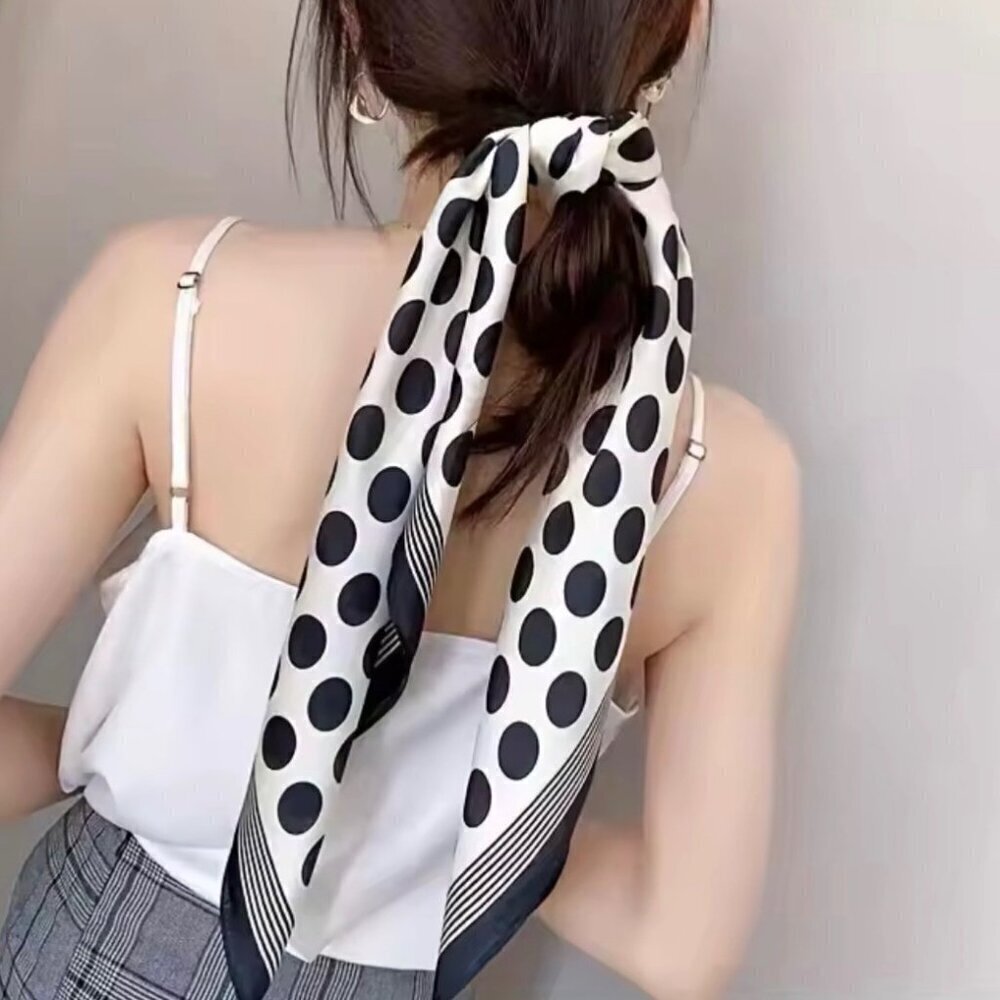 NWT Polkadot Print Square Scarf Silk Satin Black White Neck Hair Accessory - Picture 6 of 8